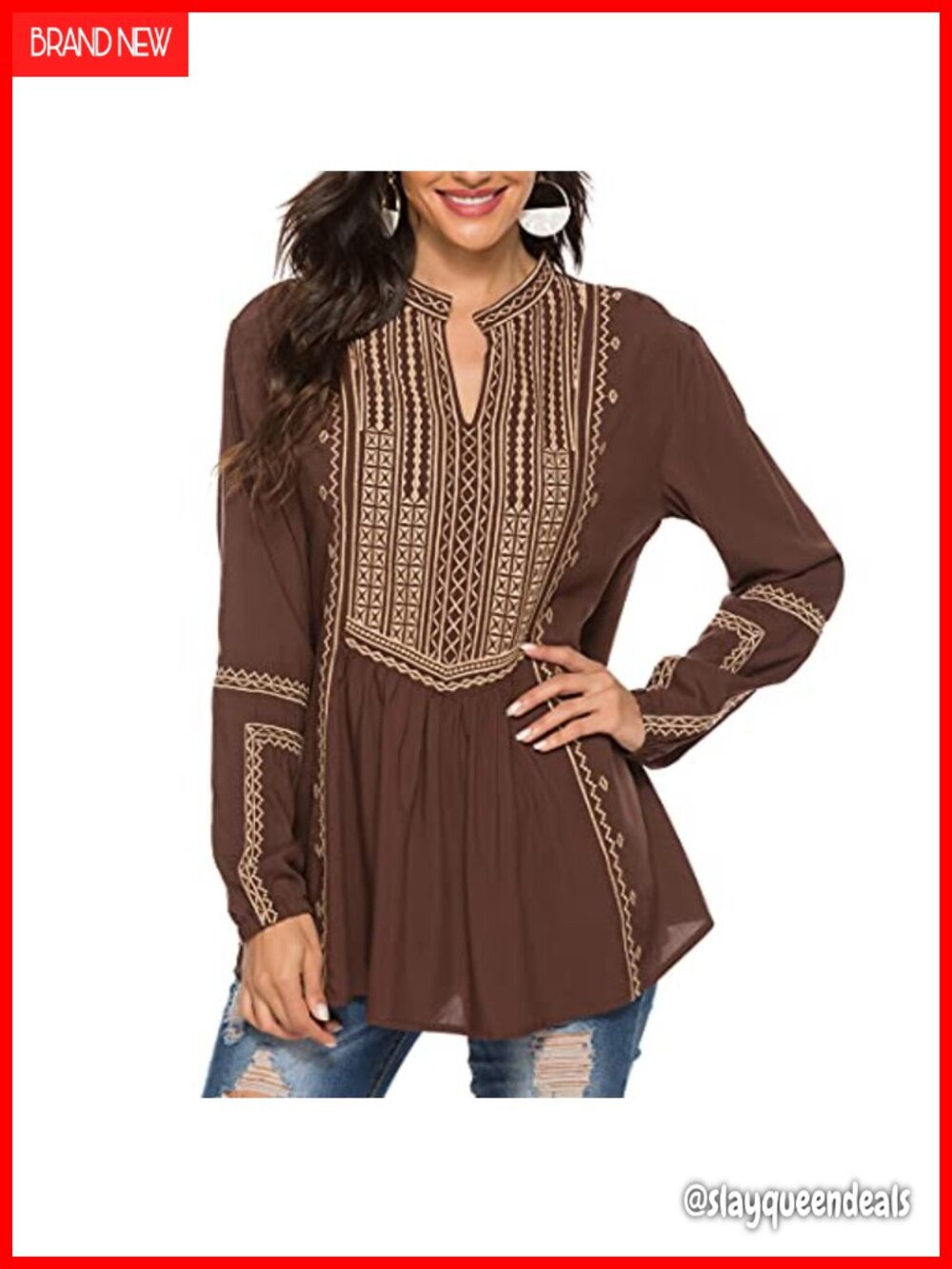 Embroidered Mexican Peasant Tunic Top V Neck Loose Blouse